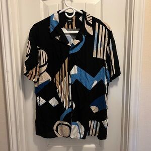 Express Men's Shirt with Black, Blue, and Tan Geometric Design